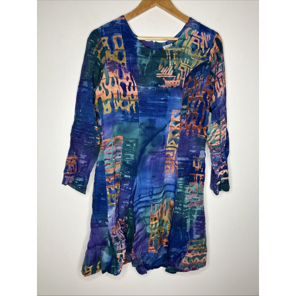Vtg 90's Jest For Fun batik Long Sleeve Dress Hippie Boho Women's Small